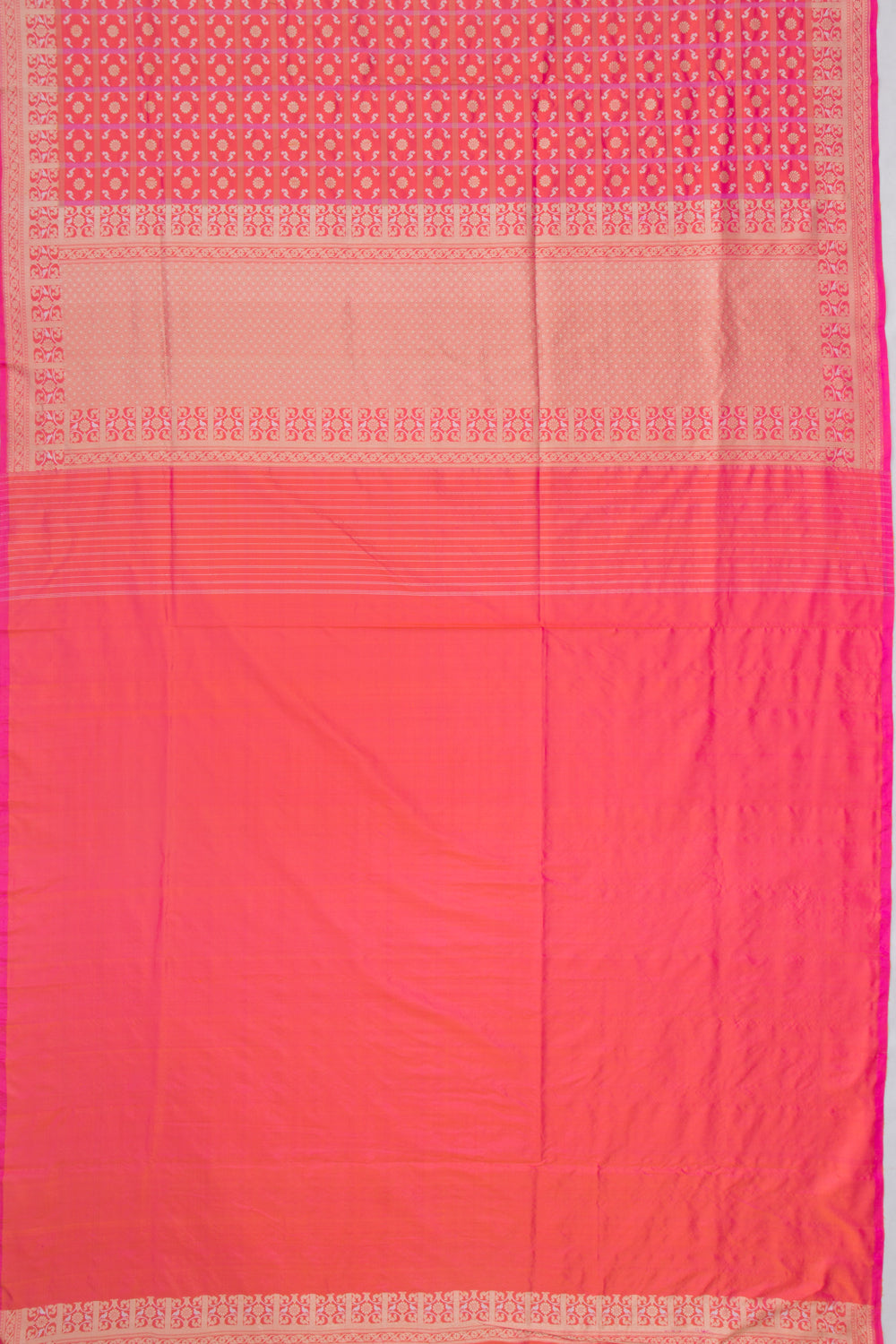 Banarasi Silk Checks And Butta Dual Tone Pink And Orange Saree