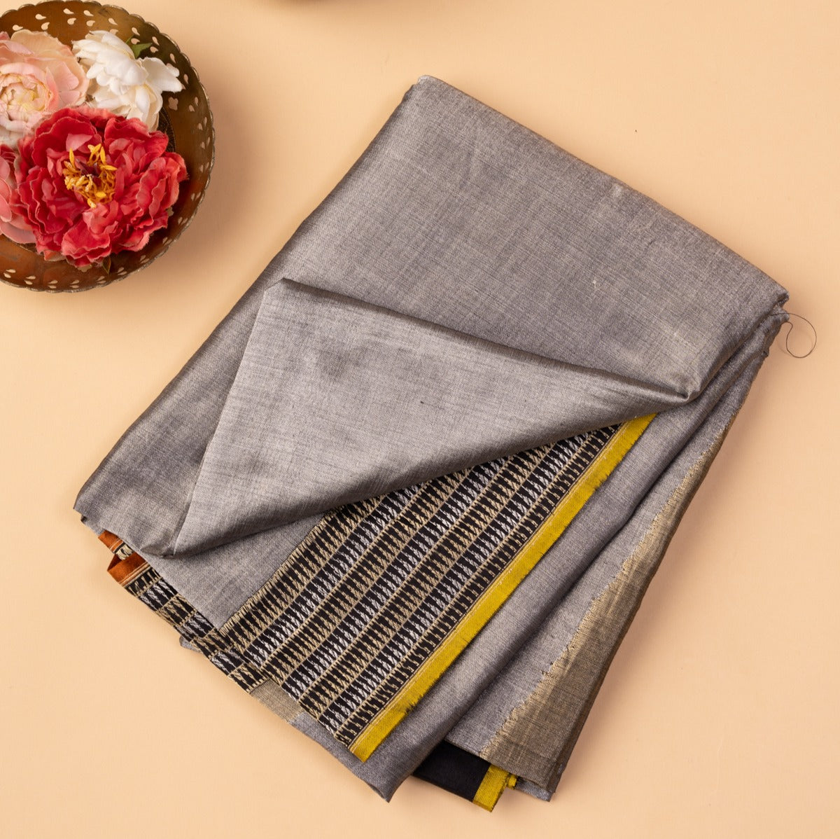 Kanchipuram Silk Tissue Plain Grey Saree