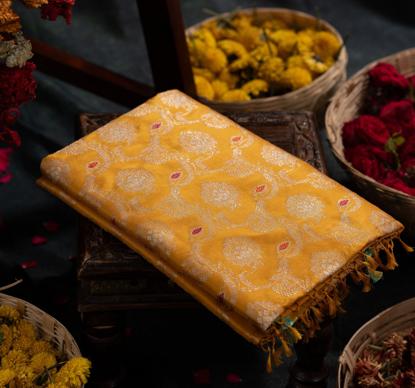 Banarasi Silk Jaal Mustard Yellow Saree