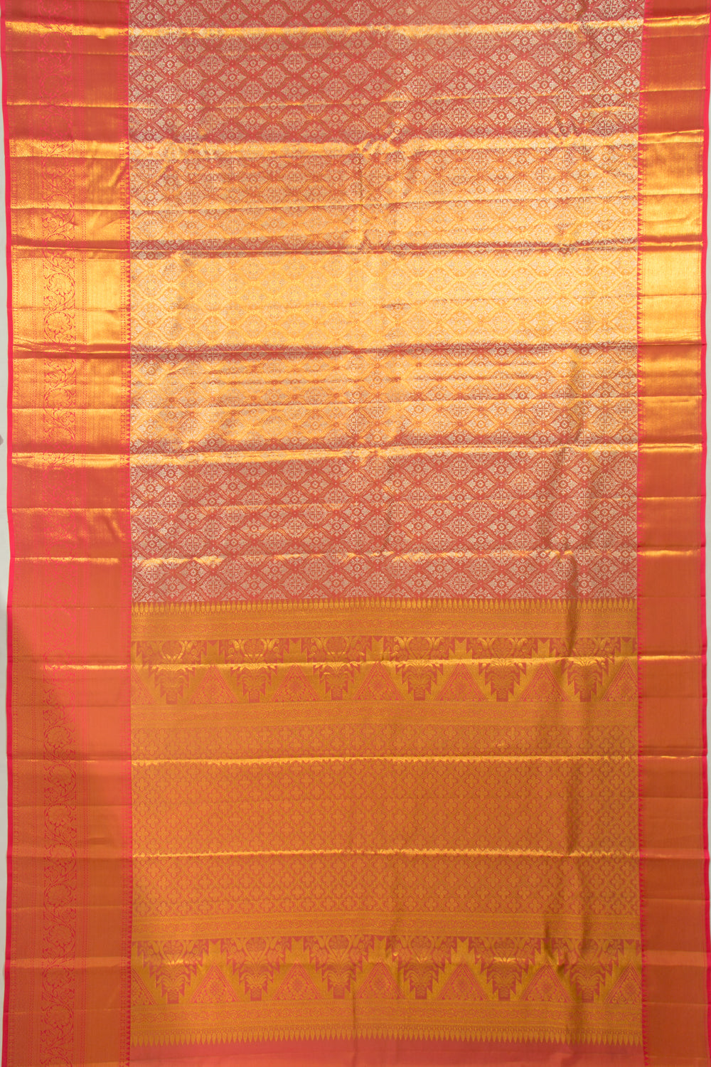 Taranga Kanchi Silk Tissue Brocade Dual Tone Pink And Orange Saree