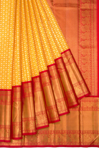 Kanchipuram Silk Vertical Lines And Butta Yellow Saree