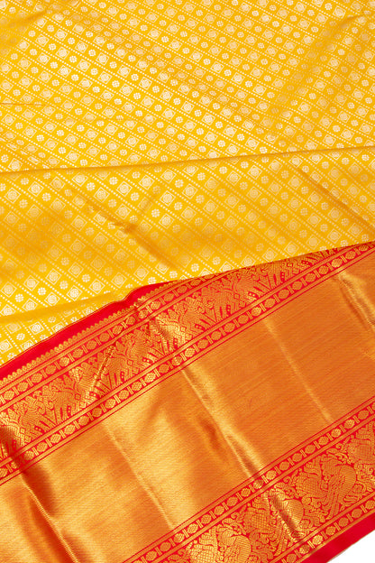 Kanchipuram Silk Vertical Lines And Butta Yellow Saree