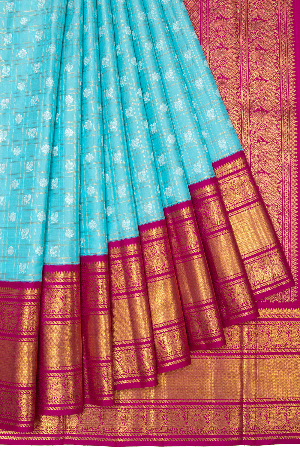 Kanchipuram Silk Checks And Butta Sky Blue Saree