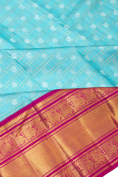 Kanchipuram Silk Checks And Butta Sky Blue Saree