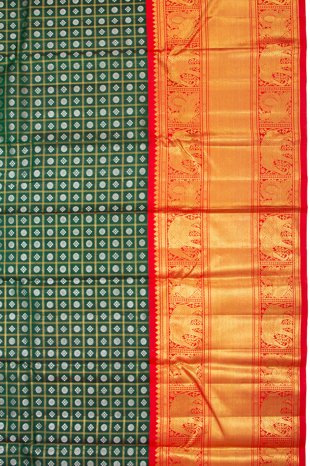 Kanchipuram Silk Checks And Butta Bottle Green Saree