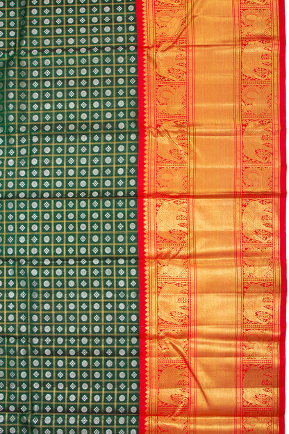 Kanchipuram Silk Checks And Butta Bottle Green Saree