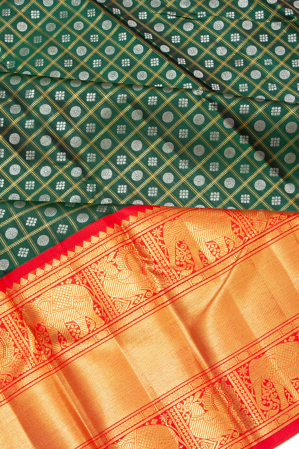 Kanchipuram Silk Checks And Butta Bottle Green Saree