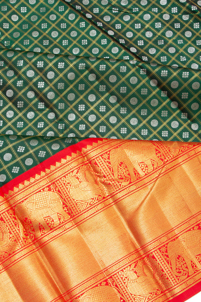 Kanchipuram Silk Checks And Butta Bottle Green Saree