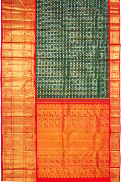 Kanchipuram Silk Checks And Butta Bottle Green Saree