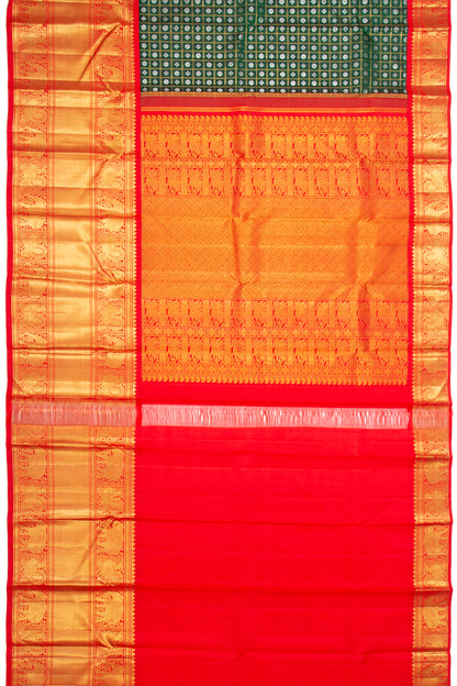 Kanchipuram Silk Checks And Butta Bottle Green Saree
