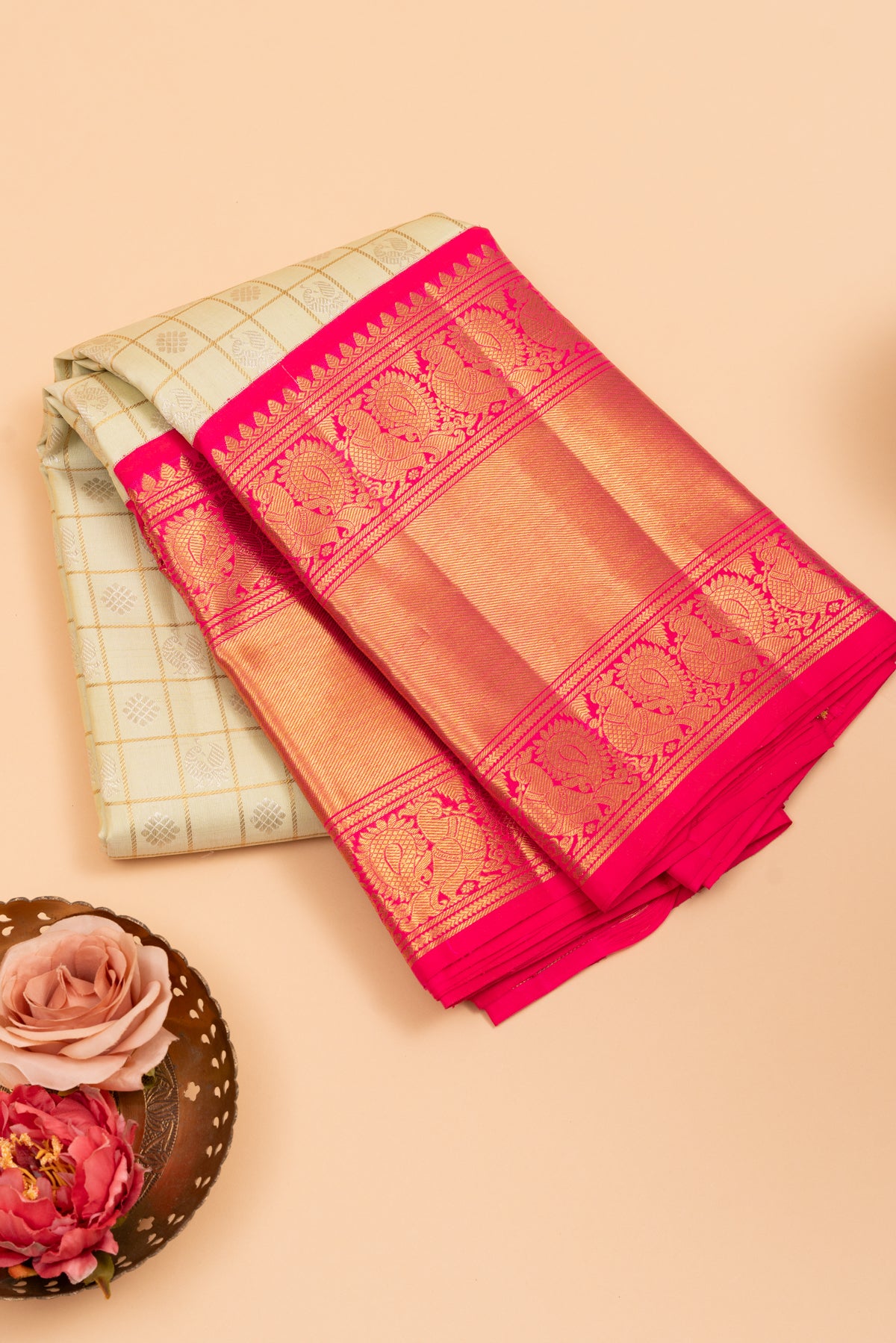 Kanchipuram Silk Checks And Butta Pista Green Saree