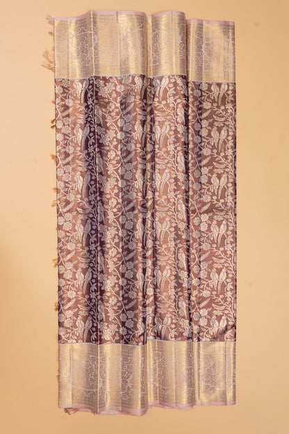Kanchipuram Silk Tissue Brocade Brown Saree