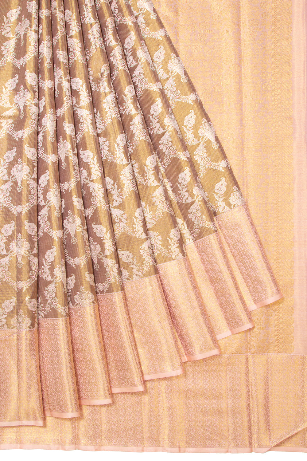 Kanchipuram Silk Tissue Brocade Brown Saree