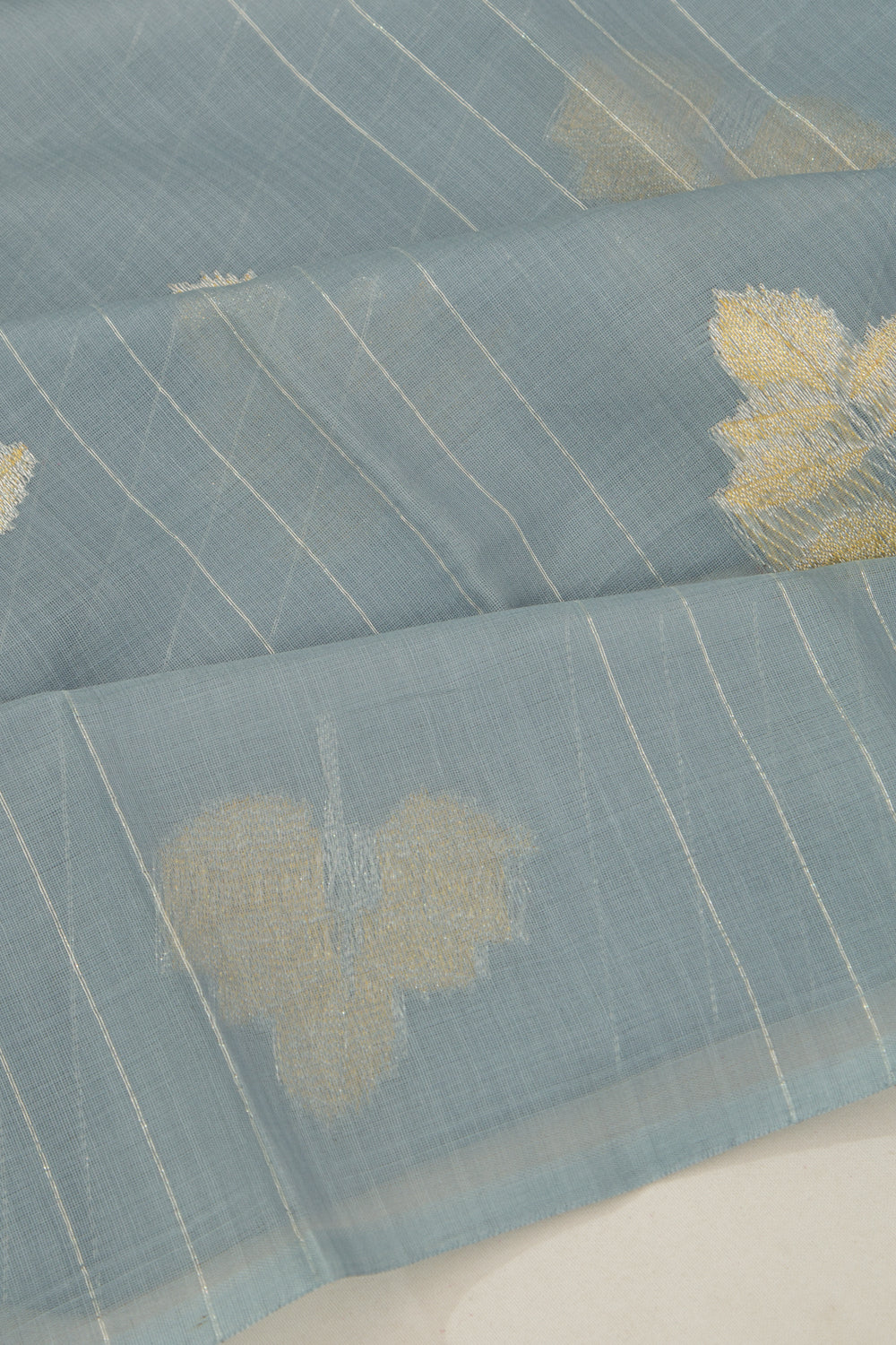 Kanchipuram Linen Cotton Vertical Lines And Butta Pastel Blue Saree