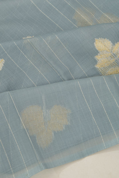 Kanchipuram Linen Cotton Vertical Lines And Butta Pastel Blue Saree