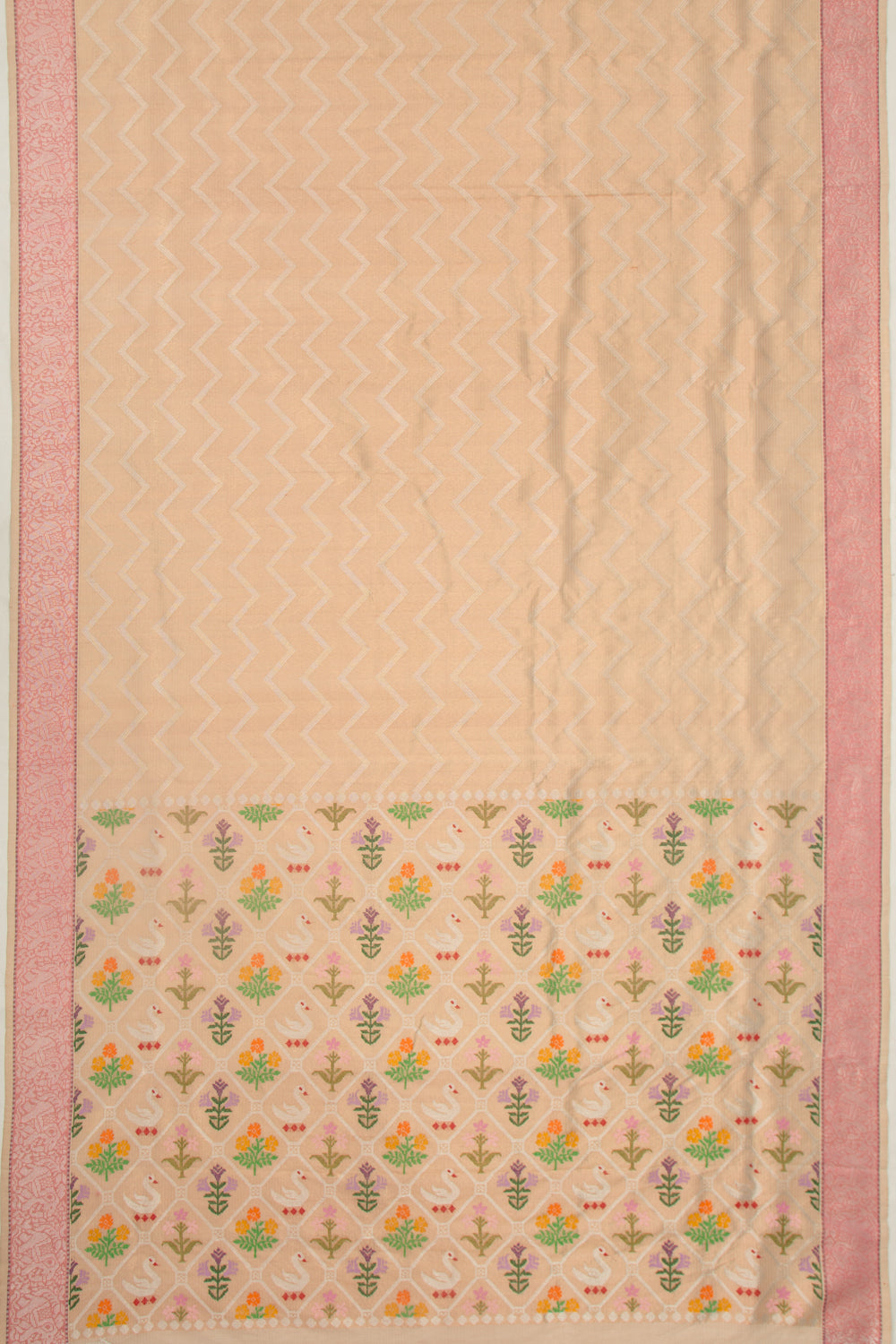 Kota Silk Tissue Zig Zag Lines Cream Saree
