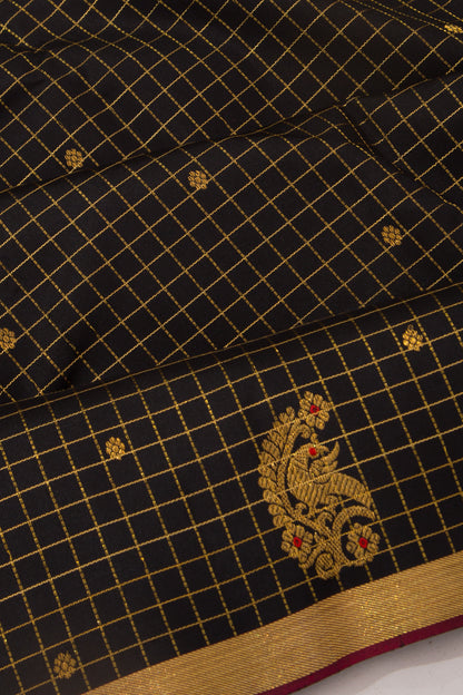 Kanchipuram Silk Checks And Butta Black Saree