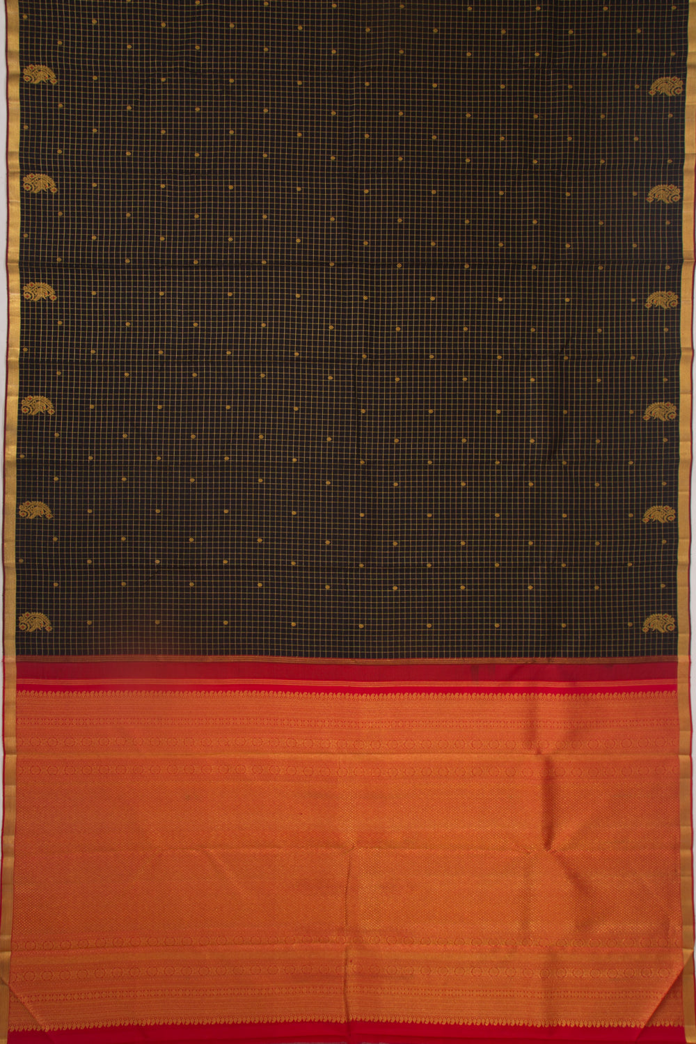 Kanchipuram Silk Checks And Butta Black Saree