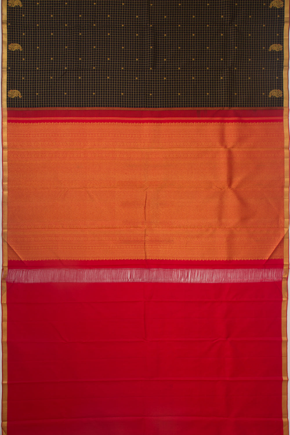 Kanchipuram Silk Checks And Butta Black Saree