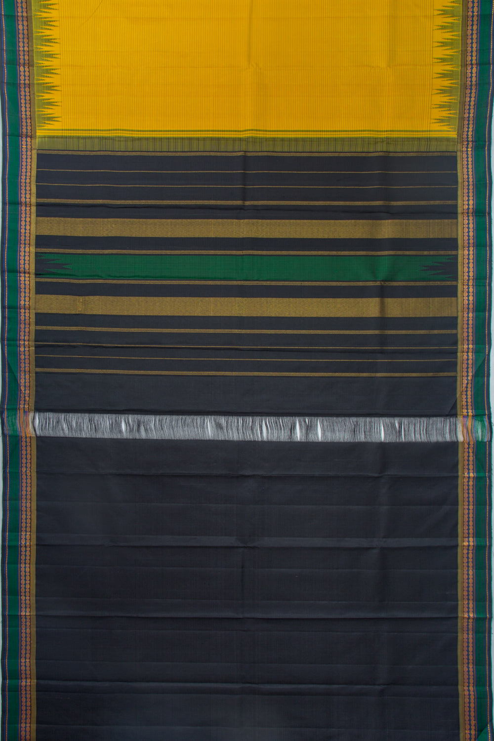 Kanchipuram Silk Horizontal Lines Yellow Saree