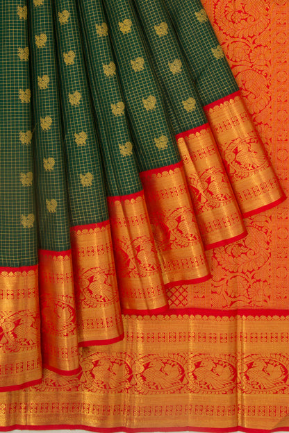 Kanchipuram Silk Checks And Butta Green Saree