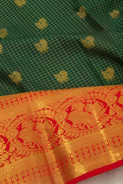 Kanchipuram Silk Checks And Butta Green Saree