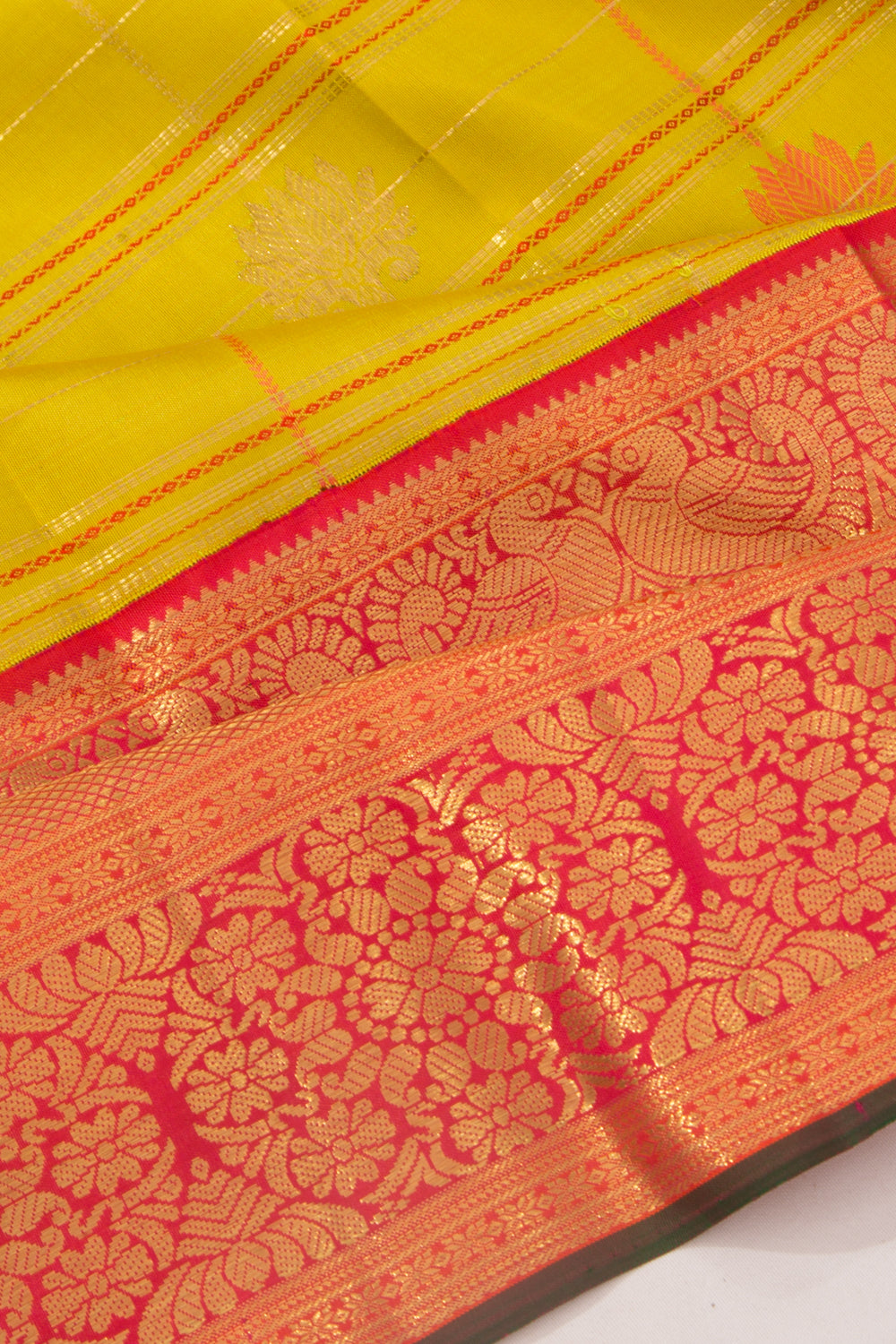 Kanchipuram Silk Checks And Butta Mehendi Green Saree