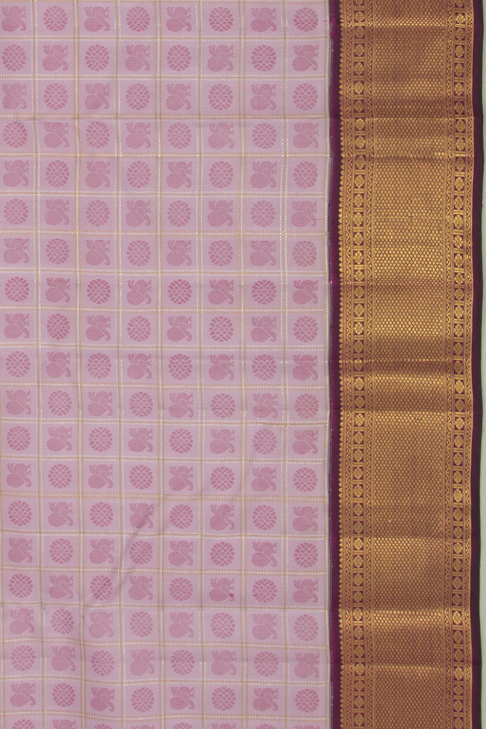 Kanchipuram Silk Checks And Butta Lavender Saree