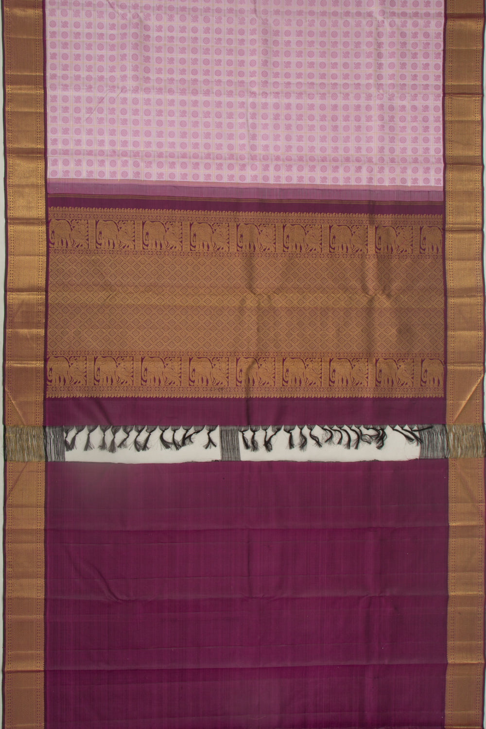 Kanchipuram Silk Checks And Butta Lavender Saree
