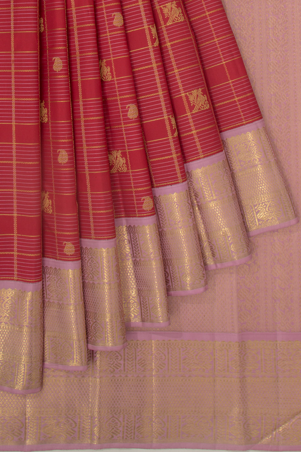 Kanchipuram Silk Checks And Butta Red Saree