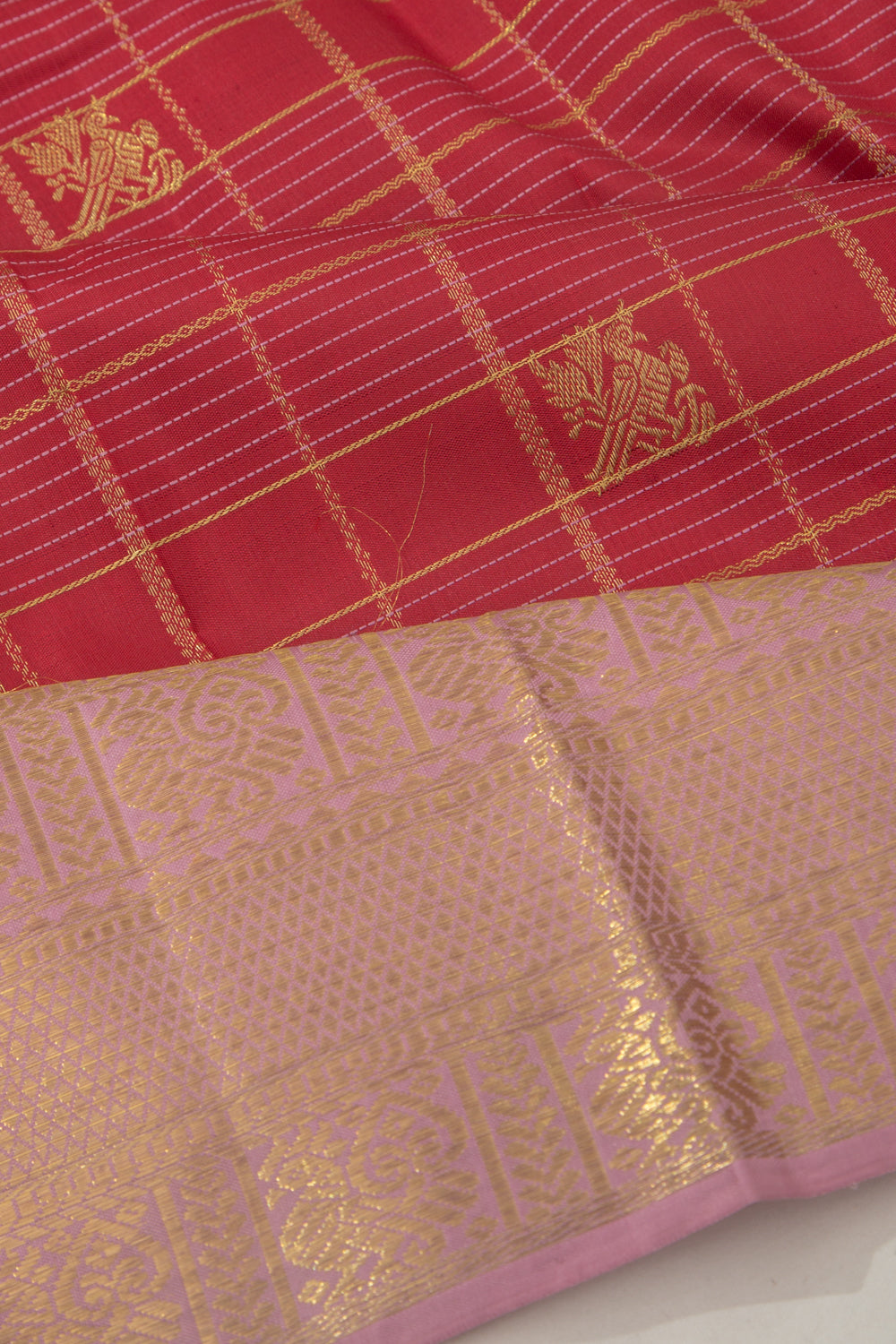 Kanchipuram Silk Checks And Butta Red Saree