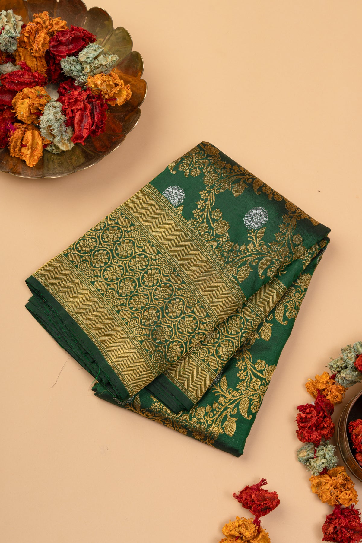 Pure Zari Kanchipuram Silk Jaal Bottle Green Saree