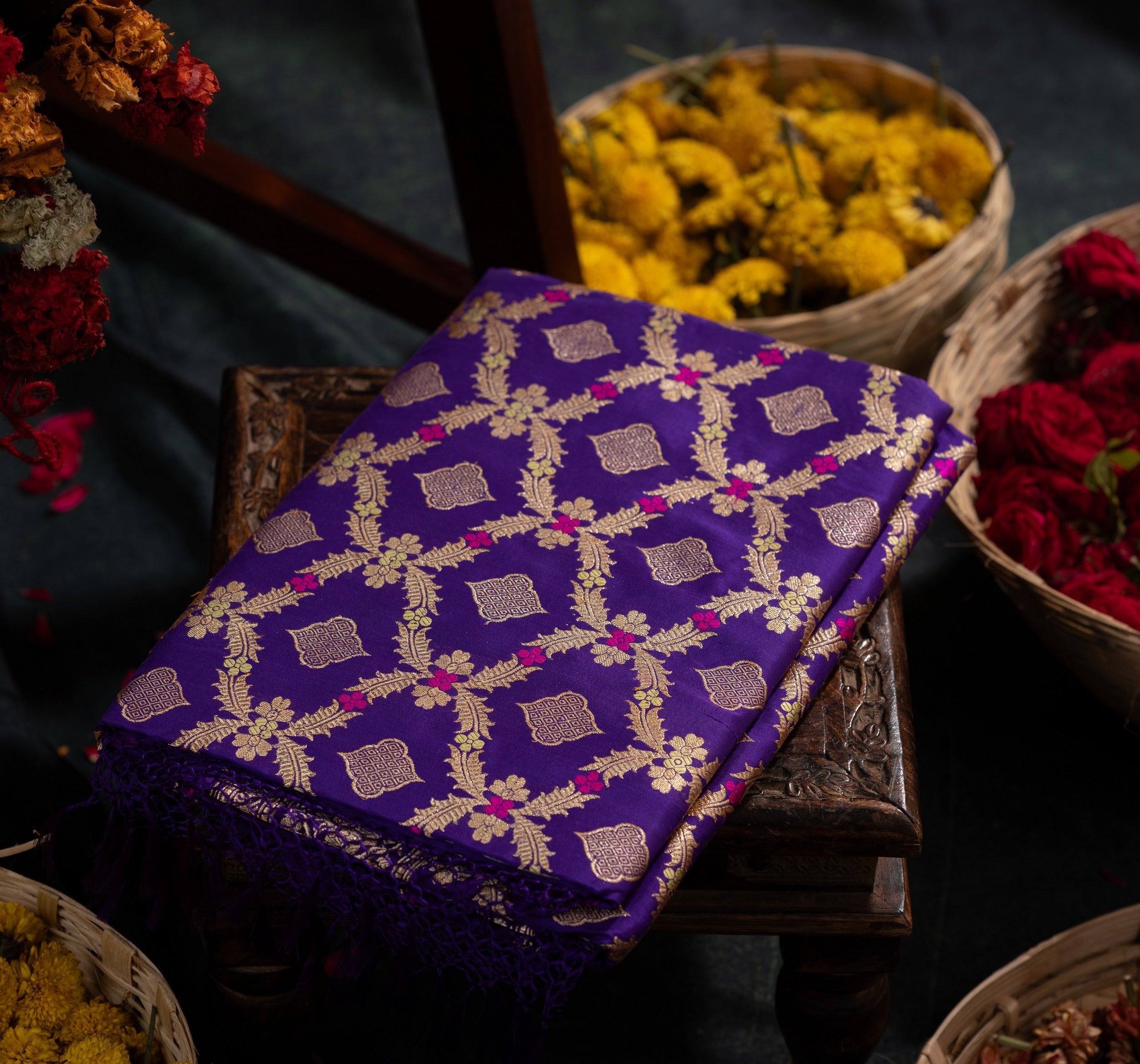 Banarasi Silk Jaal And Butta Violet Saree