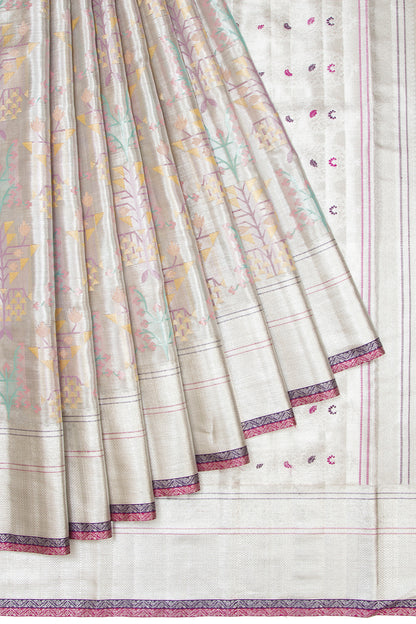 Kanchipuram Silk Tissue Brocade Silver Saree