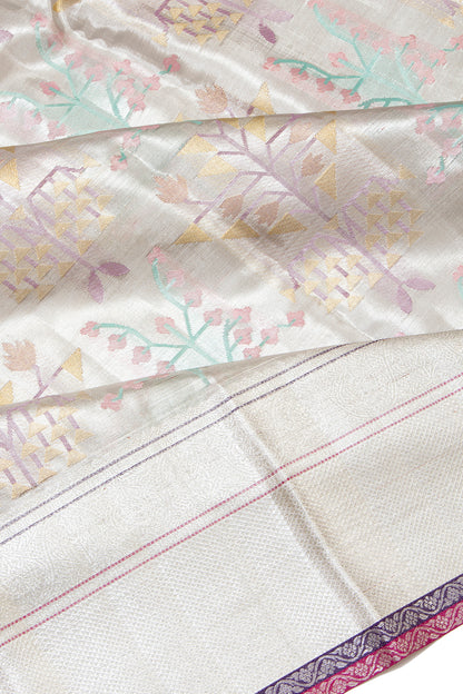 Kanchipuram Silk Tissue Brocade Silver Saree