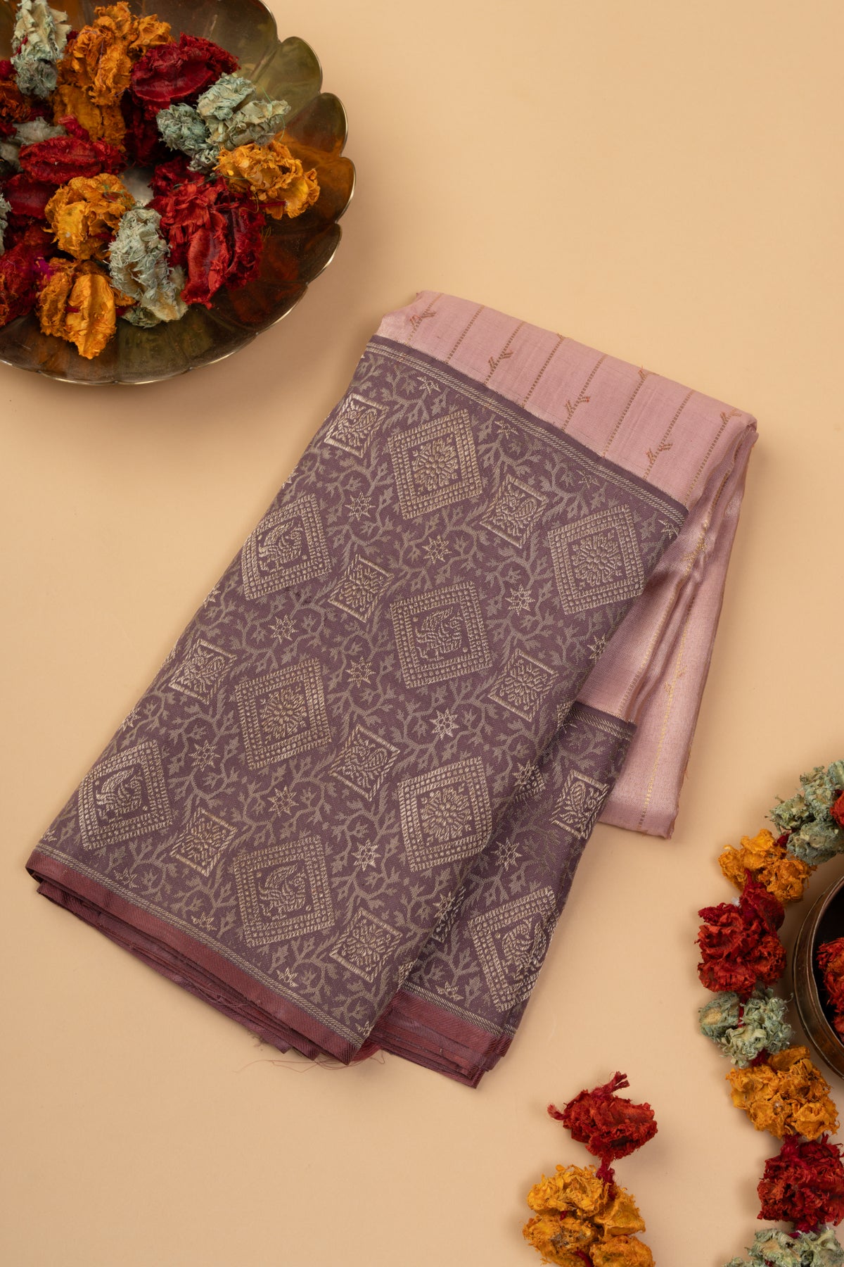 Kanchipuram Silk Tissue Vertical Lines Baby Pink Saree