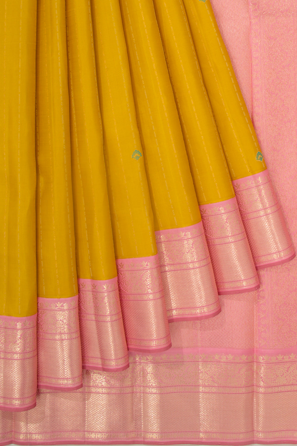Kanchipuram Silk Vertical Lines And Butta Yellow Saree