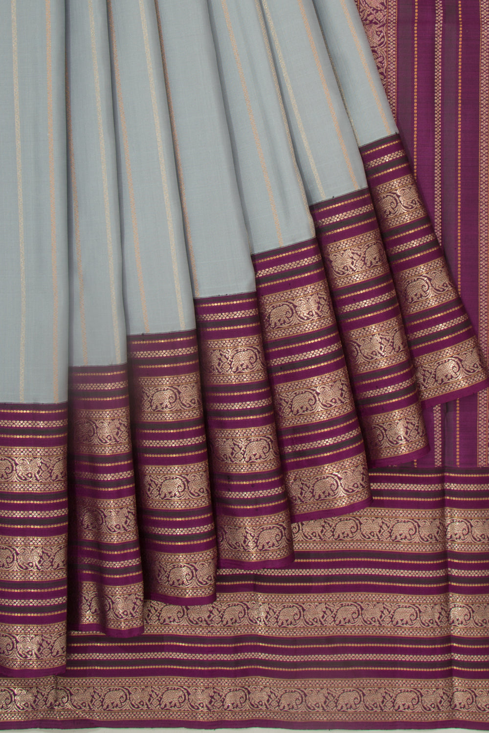 Kanchipuram Silk Vertical Lines And Butta Grey Saree