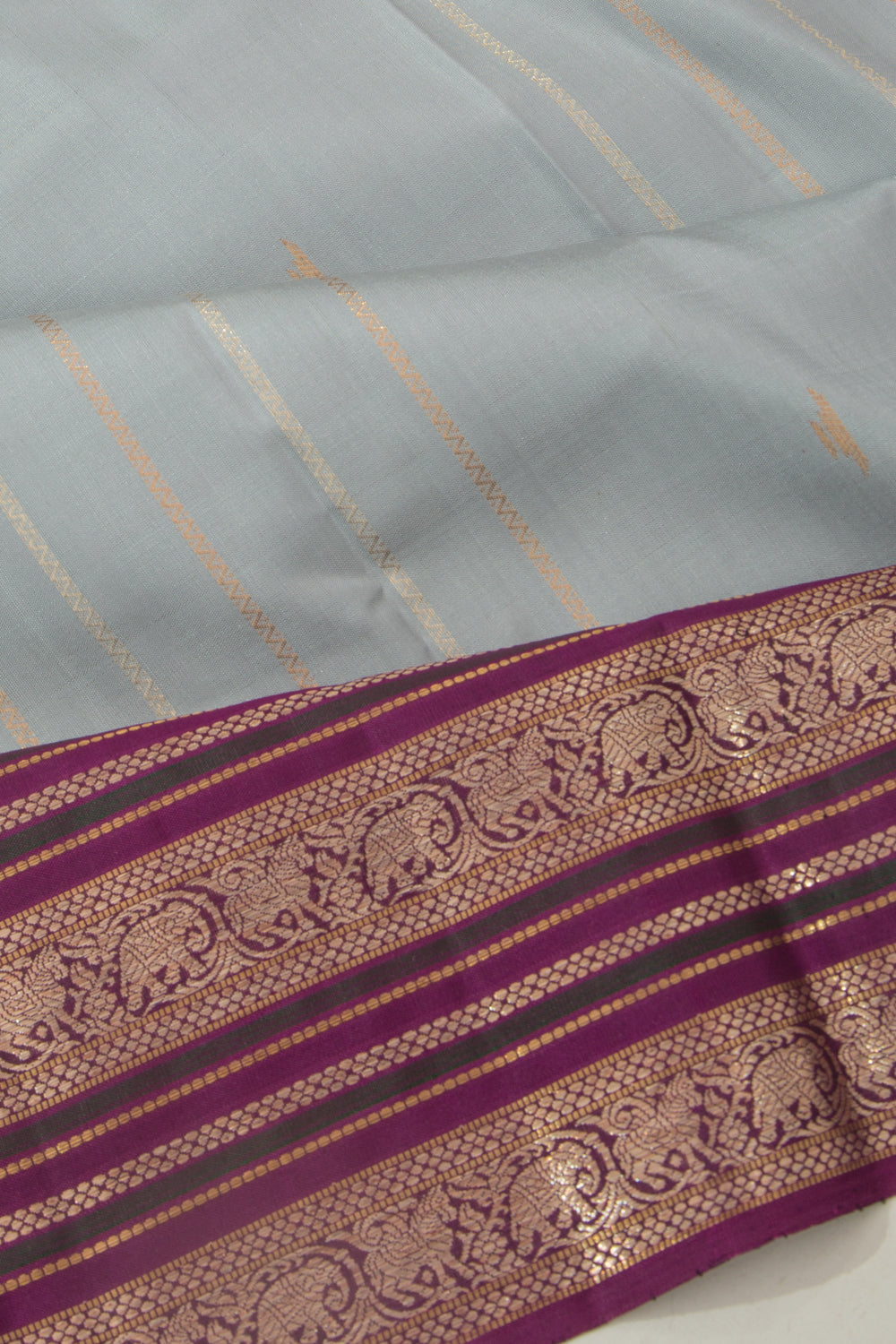 Kanchipuram Silk Vertical Lines And Butta Grey Saree