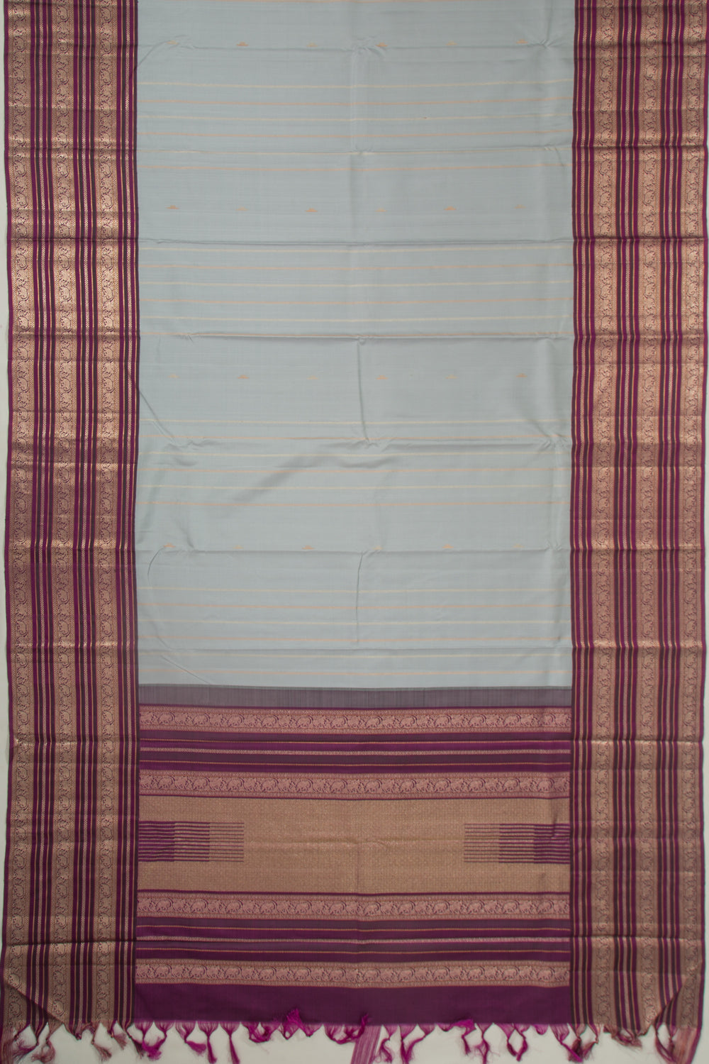 Kanchipuram Silk Vertical Lines And Butta Grey Saree