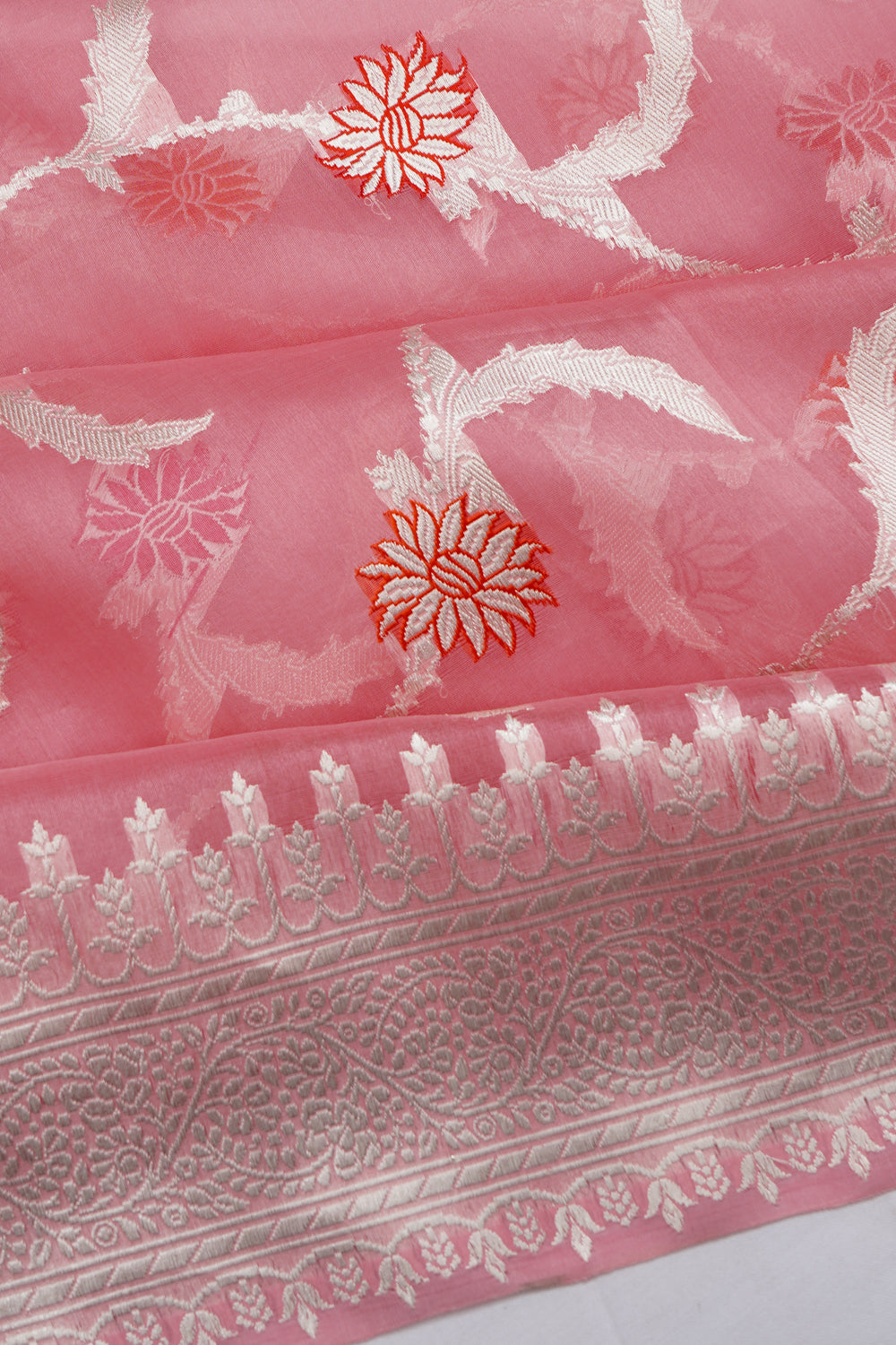 Banarasi Kora Organza Kadwa Jaal Pink Saree