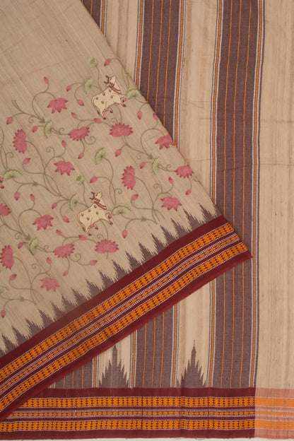 Tussar Floral And Pichwai Embroidery Beige Saree With Vidarbha Border