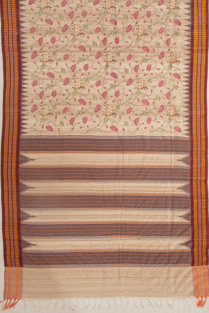 Tussar Floral And Pichwai Embroidery Beige Saree With Vidarbha Border