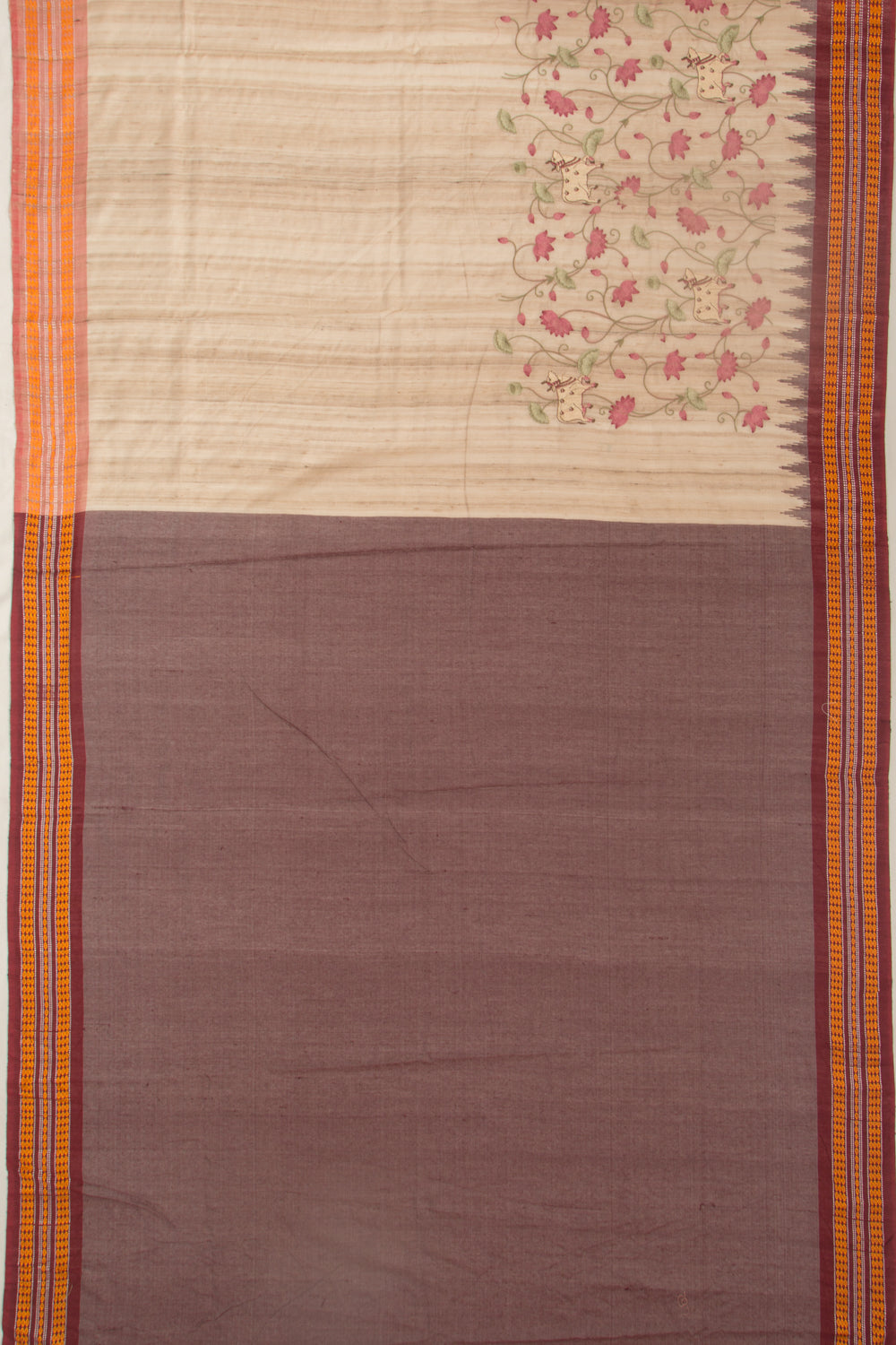 Tussar Floral And Pichwai Embroidery Beige Saree With Vidarbha Border
