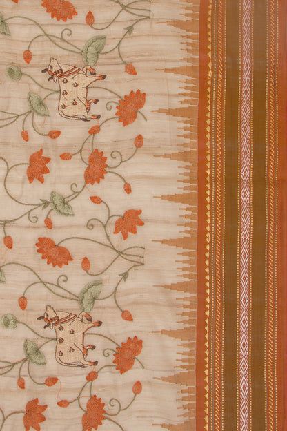 Tussar Floral And Pichwai Embroidery Beige Saree With Vidarbha Border