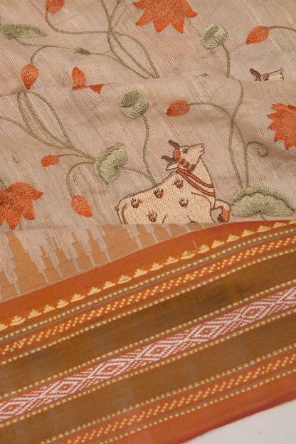 Tussar Floral And Pichwai Embroidery Beige Saree With Vidarbha Border