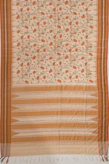 Tussar Floral And Pichwai Embroidery Beige Saree With Vidarbha Border