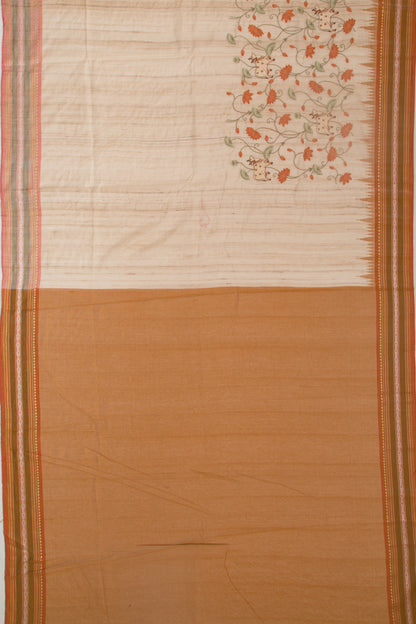 Tussar Floral And Pichwai Embroidery Beige Saree With Vidarbha Border