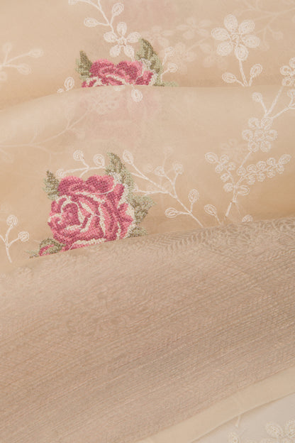 Organza Floral Embroidery Cream Saree