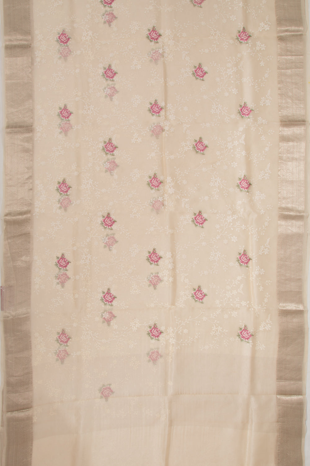 Organza Floral Embroidery Cream Saree